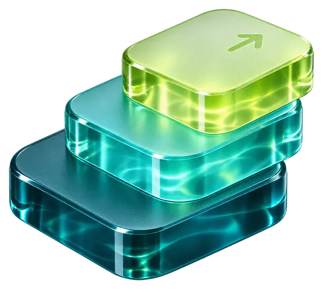 Three stacked glass slabs, the top one pale lime with an arrow